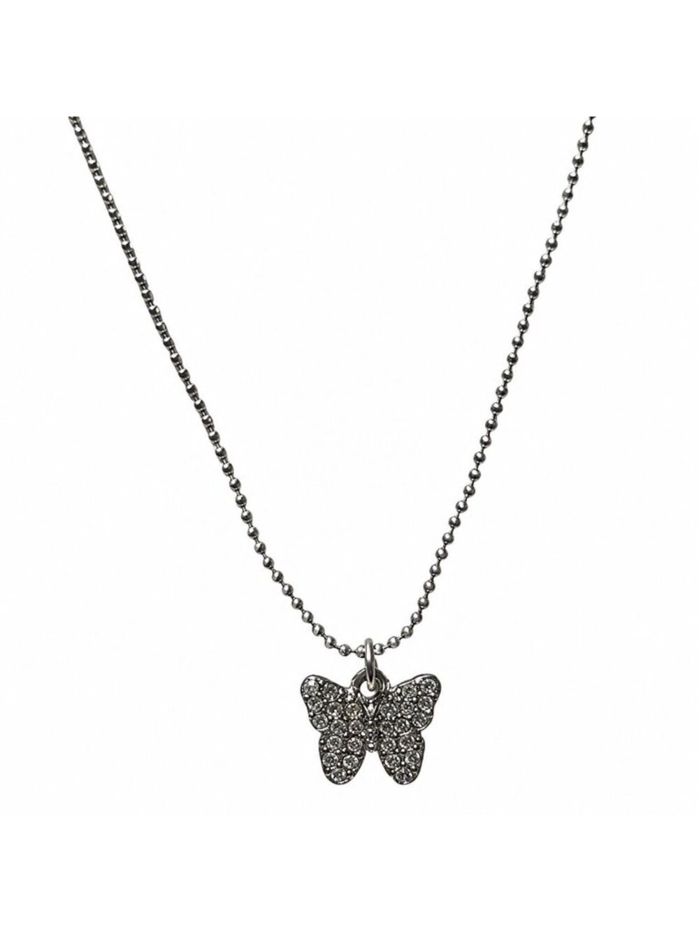 Lia Sophia Butterfly Pendant Necklace Rhinestones Silver Tone Bead Chain Jewelry